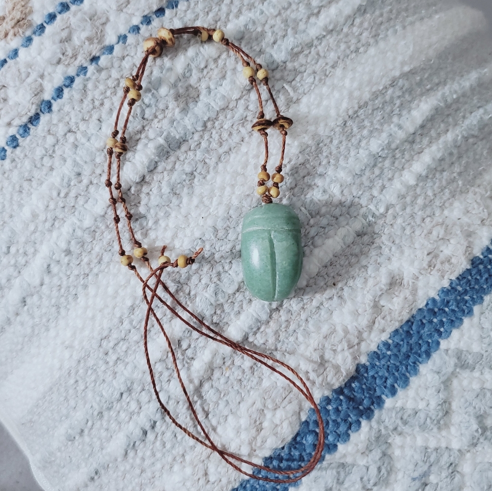 Vintage 90's Hand-Made Egyptian Green Aventurine Scarab Amulet Necklace